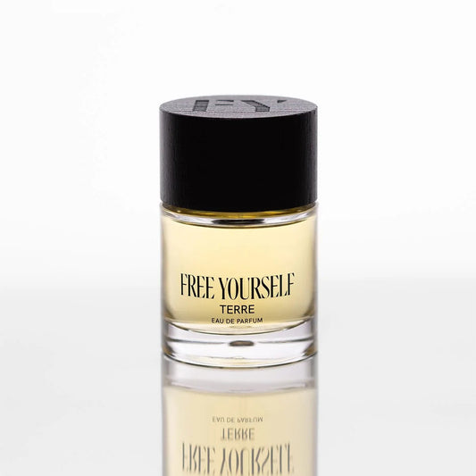 Free Yourself TERRE Eau de Parfum bottle – unisex earthy spicy woody perfume with saffron, rose and sandalwood